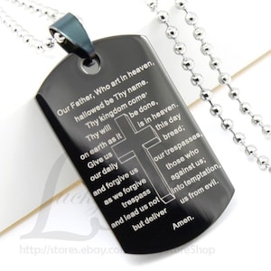 24" Men's Bible Scriptures Cross Engraved on Stainless Steel Dog Tag Pendant w/ Bead Ball Chain Necklace J25