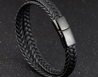 Fashion Unisex Men Women Weave Detail Magnetic Enclosure Leather Minimalist Double Layered Braided Handmade Bracelet