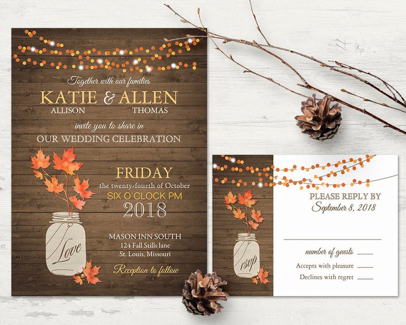 Rustic Fall Wedding Invitation Set Fall Leaves Mason Jar | Etsy