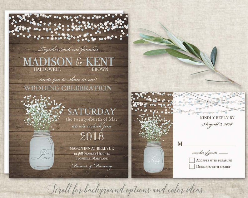 Mason Jar Wedding Invitations Suite Rustic Country Etsy