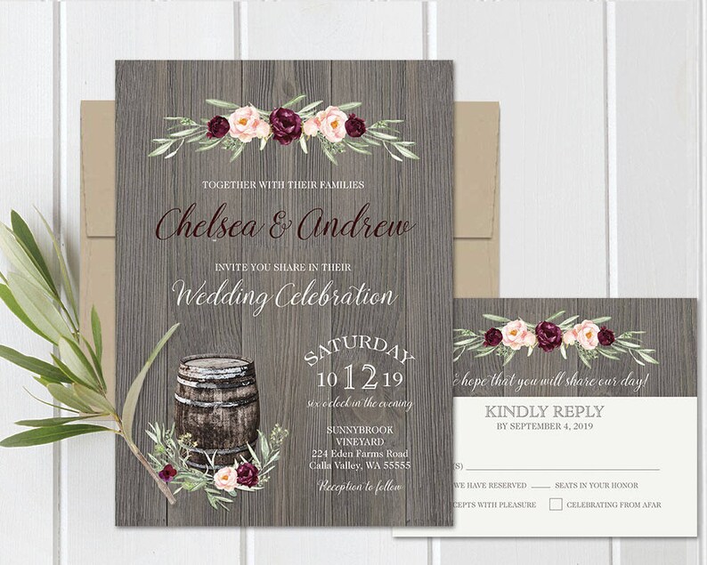 Wine Barrel Wedding Invitation Rustic Bohemian Burgundy Floral Etsy