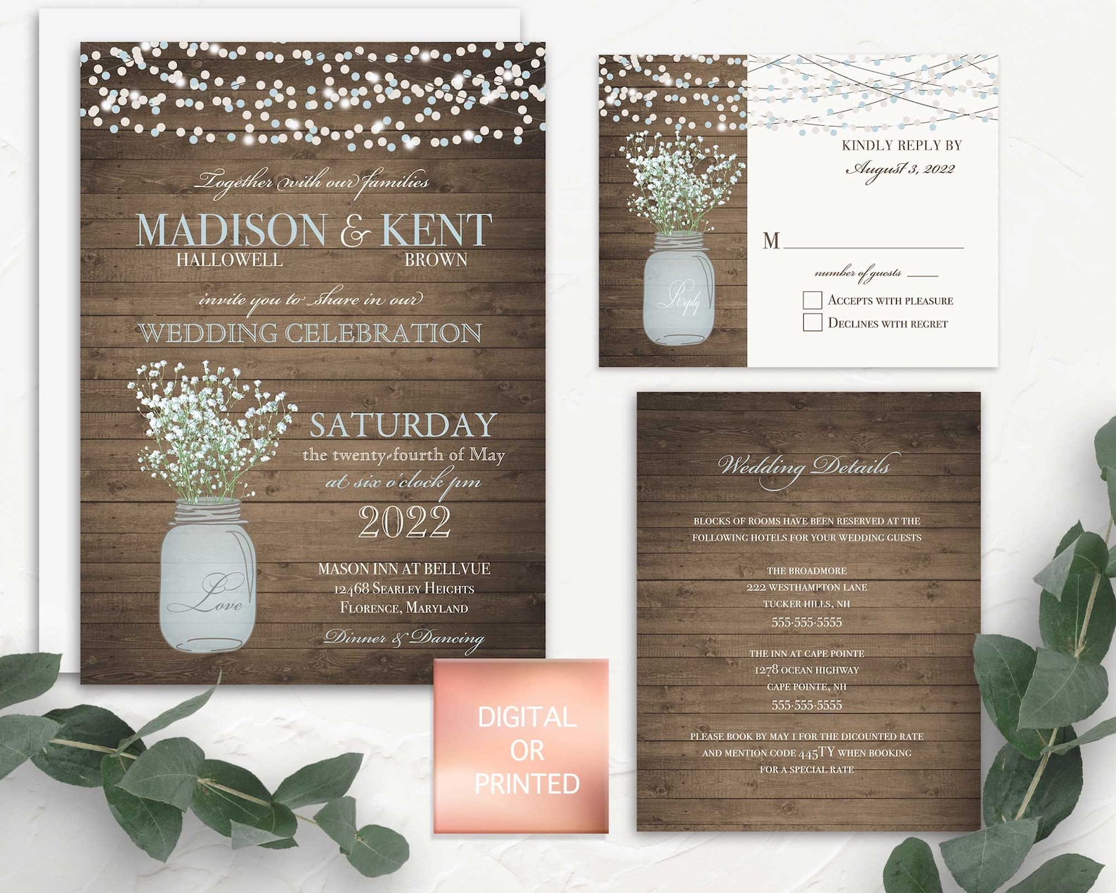 Mason Jar Wedding Invitations Suite Rustic Country - Etsy