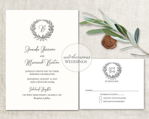 Monogram Wreath Wedding Invitation Wedding Monogram Wedding Etsy