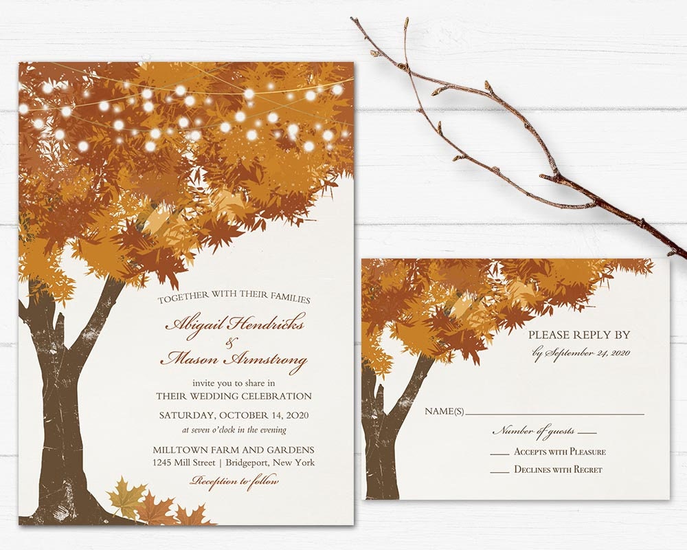Rustic Fall Wedding Invitations Template Rust Autumn Oak Tree | Etsy