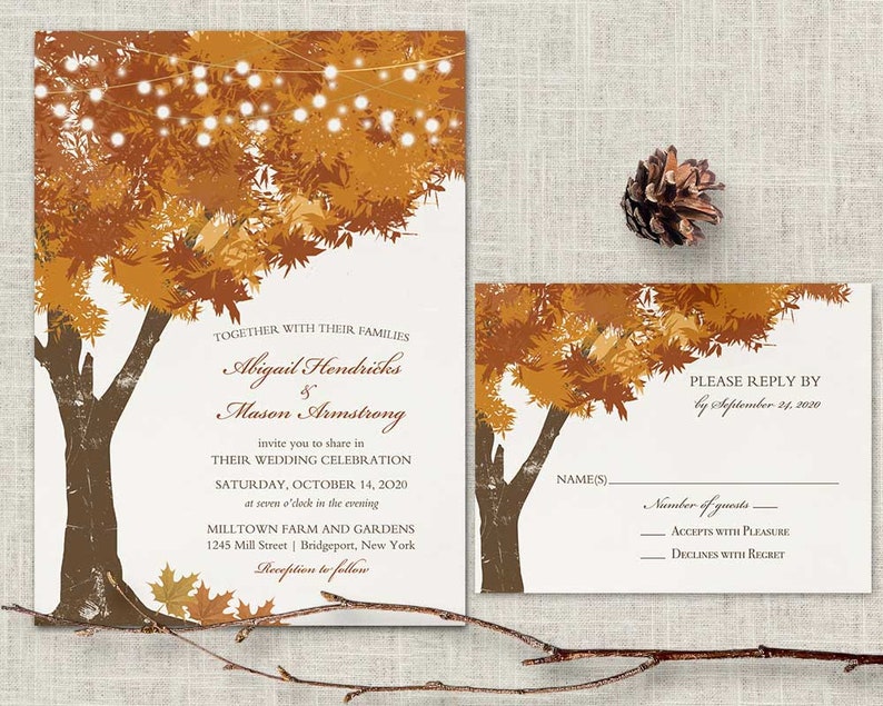 Rustic Fall Wedding Invitations Template Rust Autumn Oak Tree Etsy