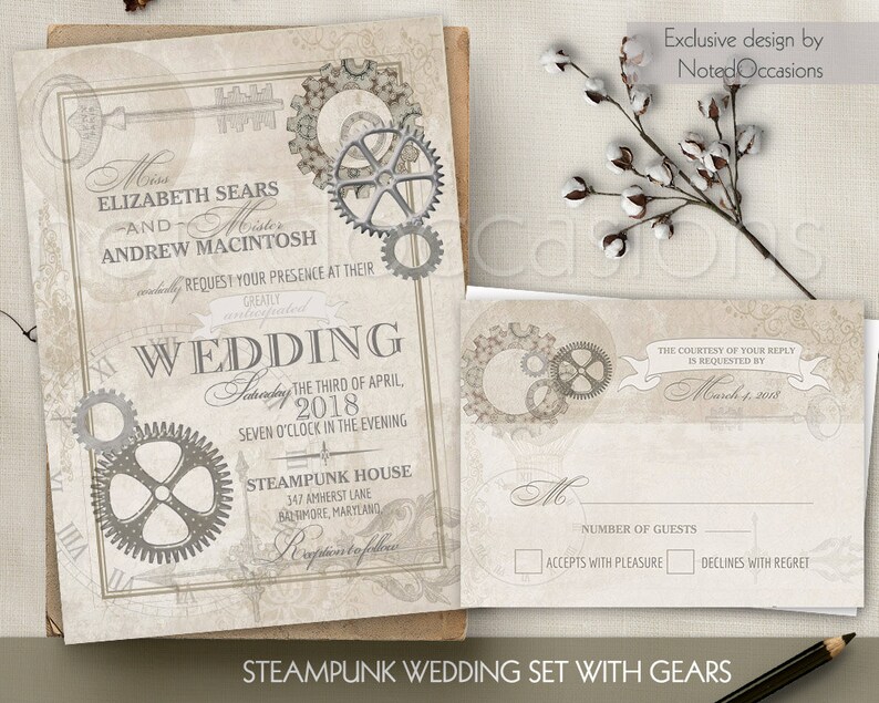 Steampunk Vintage Wedding Invitation Printable Set Rsvp Gears Etsy