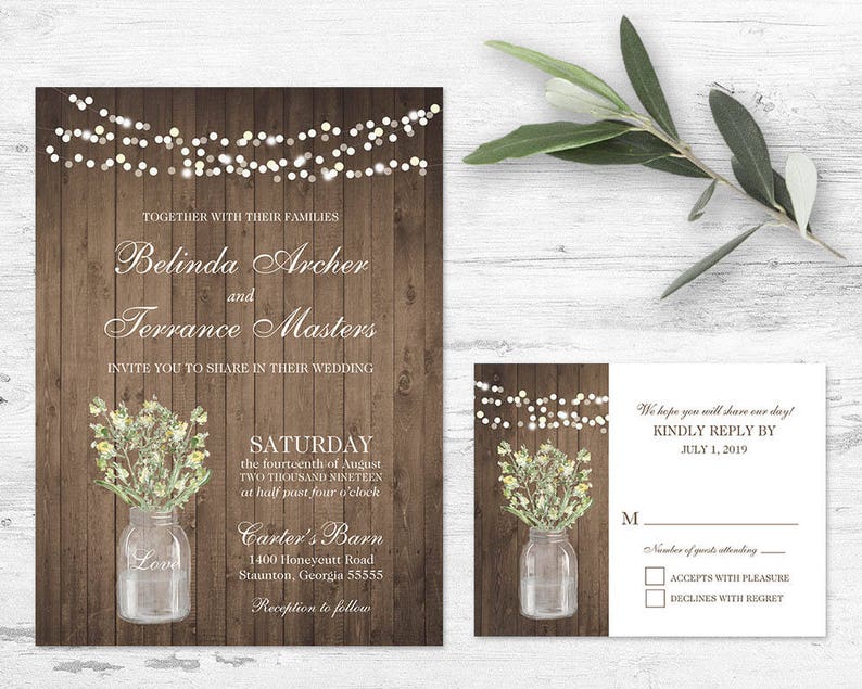 Rustic Wedding Invitation Printable Set Rustic Greenery Wildflowers Mason Jar Wedding Country Wedding Floral printable Template Digital file