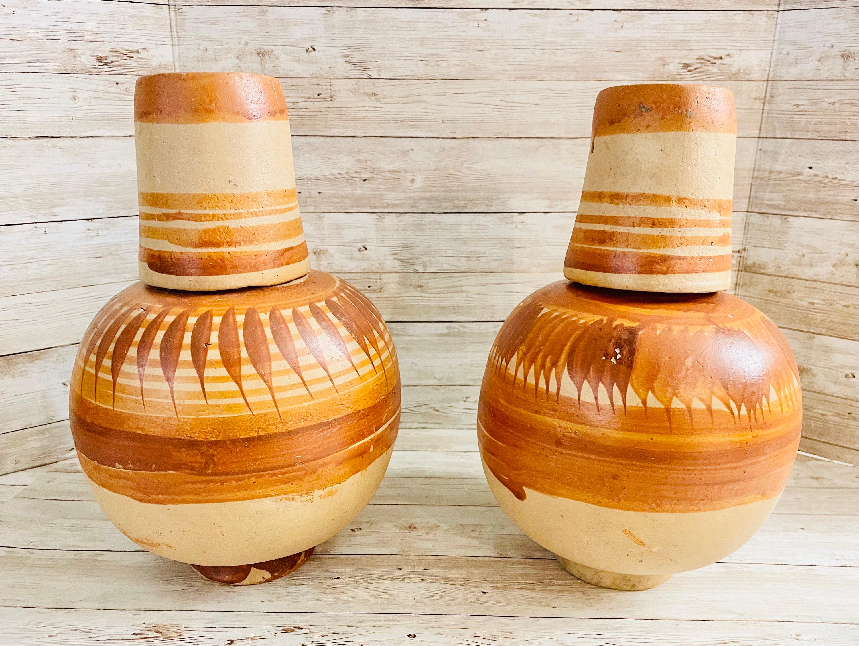 2x Mexican Clay Waterjug & Cup 2 Botellónes Garrafón De Barro Con