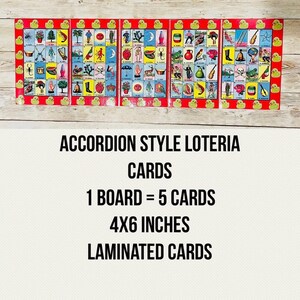 Mexican Loteria Accordion Style Cards 5 Cards= 1 Board 4x6 inches Cartas de Loteria Mexicana en Acordeon 5 Cartas en 1 Acordeon 4x6 pulgadas