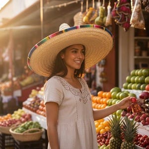 May include: A woman wearing a large, beige sombrero with a colorful striped brim. She is smiling and standing in front of a fruit stand with various fruits and vegetables. She is wearing a light-colored dress with embroidered details.