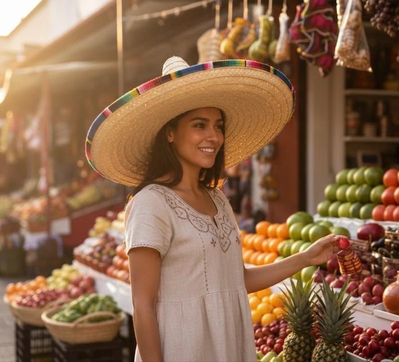 May include: A woman wearing a large, beige sombrero with a colorful striped brim. She is smiling and standing in front of a fruit stand with various fruits and vegetables. She is wearing a light-colored dress with embroidered details.