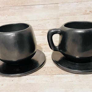 Black Oaxacan Mexican Clay Capuccino Expresso Coffee Tea Mugs with Plate Tazas de Barro Negro Artesanal Mexicano con Plato Hechas en Oaxaca