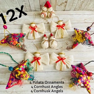 May include: A collection of 12 Christmas ornaments, including piñata stars, corn husk angels, and snowmen. The piñata ornaments are colorful and woven. The angels have white wings and red bows. The snowmen wear red hats. The text reads: "4 Piñata Ornaments, 4 Cornhusk Angles, 4 Cornhusk Angels."