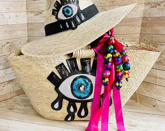 Mexican Artesanal Palm Leaf Beach Tote Bag and Hat Bolsa Mexicana Artesanal de Palma con Sombrero