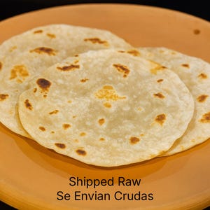 May include: Three round, flat tortillas with lightly browned spots, stacked on a terracotta-colored plate. The tortillas are a pale, off-white color, and the plate has a smooth, matte finish. The image is well-lit, with a focus on the food.