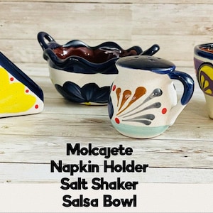 Terra Cota Mexican Molcajete Salt Shaker Napkin Holder & Salsa Bowl 4 Piece Set