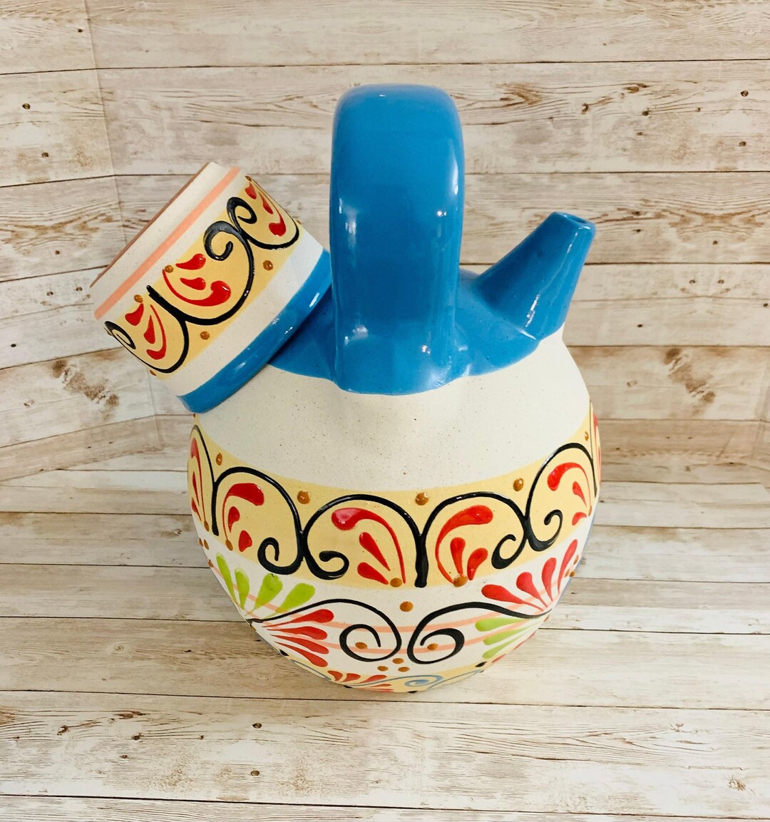 Terra Cotta Mexican Art Water Jug With Cup Garrafon De Barron
