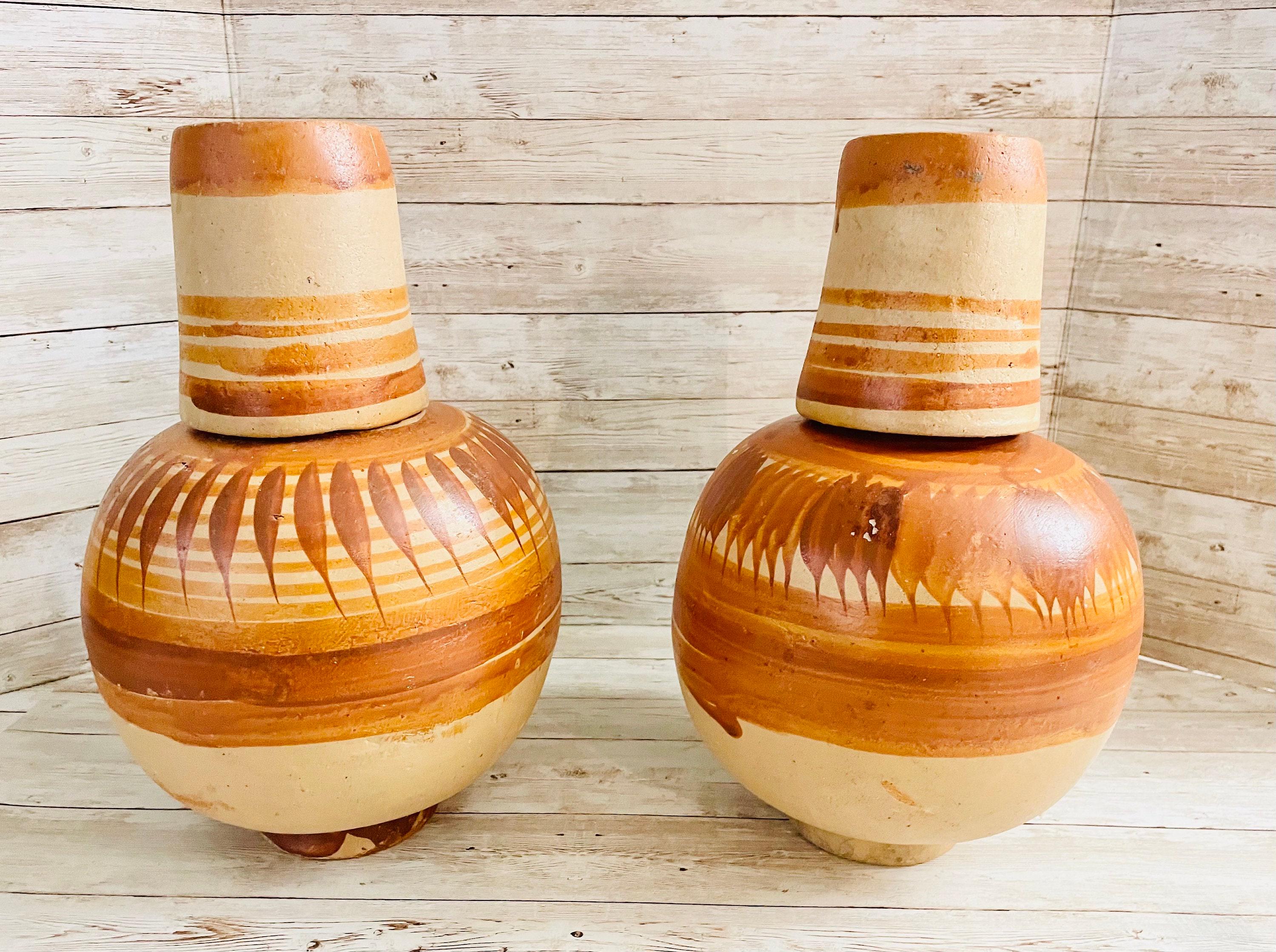 2x Mexican Clay Waterjug & Cup 2 Botellónes Garrafón De Barro Con