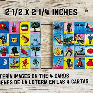 Mini Wood Lotería Cards Size of Cards are 2 1/4 x 2 1/2 inches Cartas de Madera Mini de Lotería Mexicana