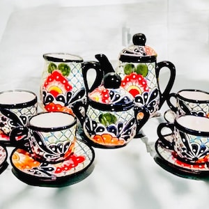 Mexican Talavera Tea Coffee Set Drinkware With 6  Mugs Sugar Bowl Talavera Mexicana de Cafe/Te con Tazas Platos Azucarera y Tetera