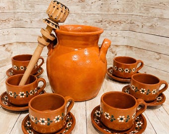 Olla de Barro Chocolatera con Tazas y 1 Molinillo Terra Hot Chocolote with Cups and Chocolate Grinder