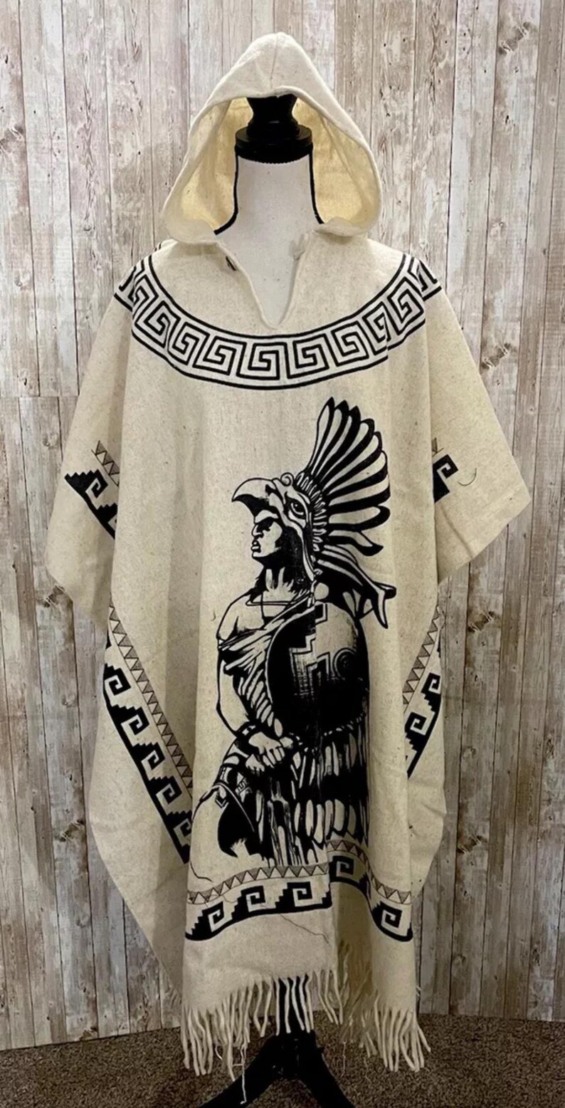 Aztec Rug Poncho Mexican Aztec Warrior Wool PONCHO With Hoodie Poncho Mexicano De Lana ...