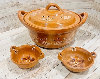 Handmade Mexican Clay Pot Casderole with Lid & 2 Bowls Authentic Barro Cookware Set Cazuela de Barro con Tapadera y 2 Cazuelitas