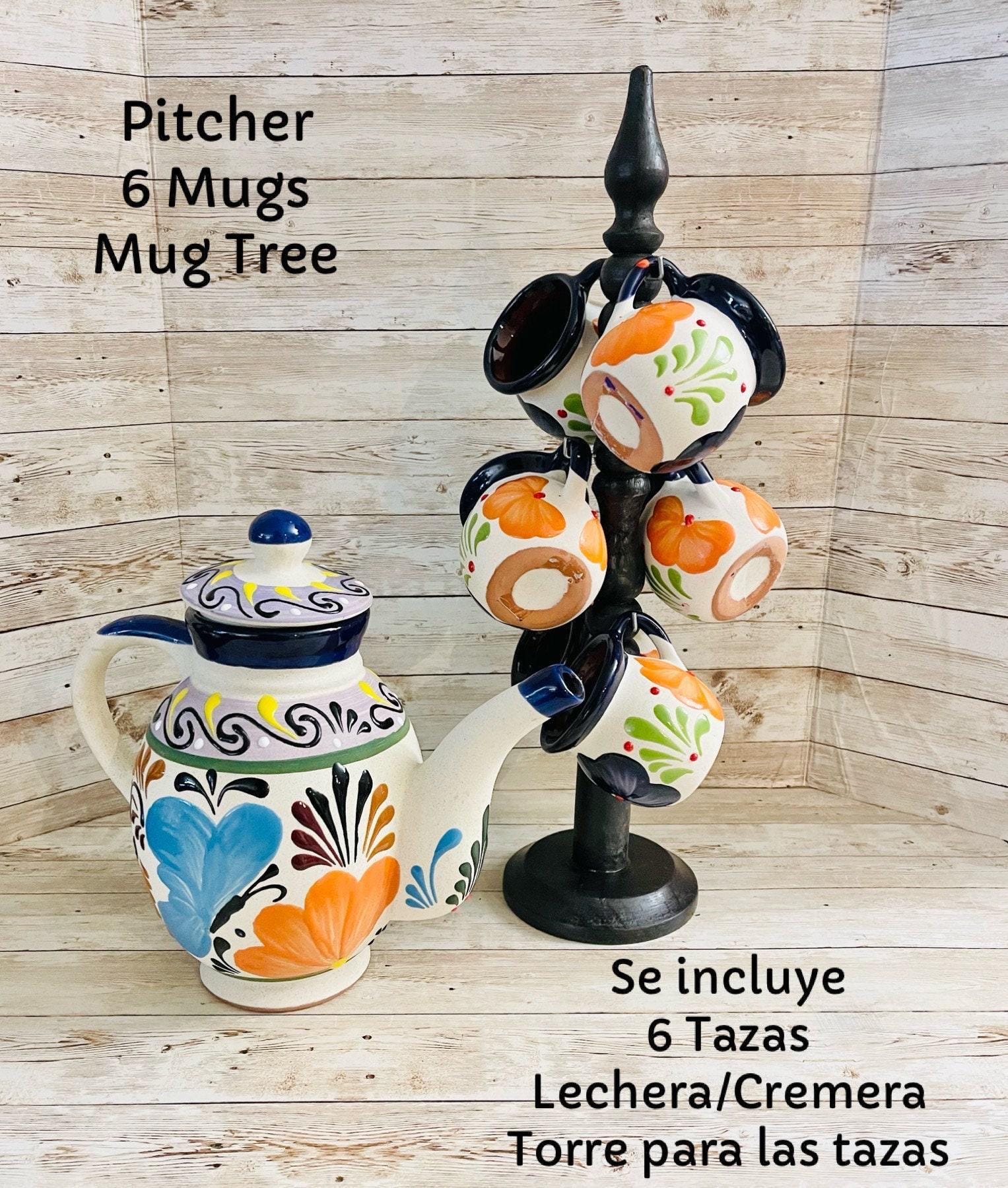 Terra Cotta Mexican Art Pottery Coffeetea Pot With 6 Mugs and Mug