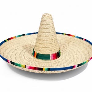 May include: A natural straw sombrero with a wide brim and a tall, conical crown. The brim is trimmed with a blue border and a colorful striped band. A green and striped band encircles the base of the crown.