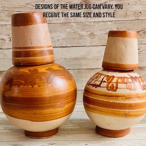 2x Mexican Clay WaterJug & Cup 2 Botellónes Garrafón de Barro con Tapa Mexicano