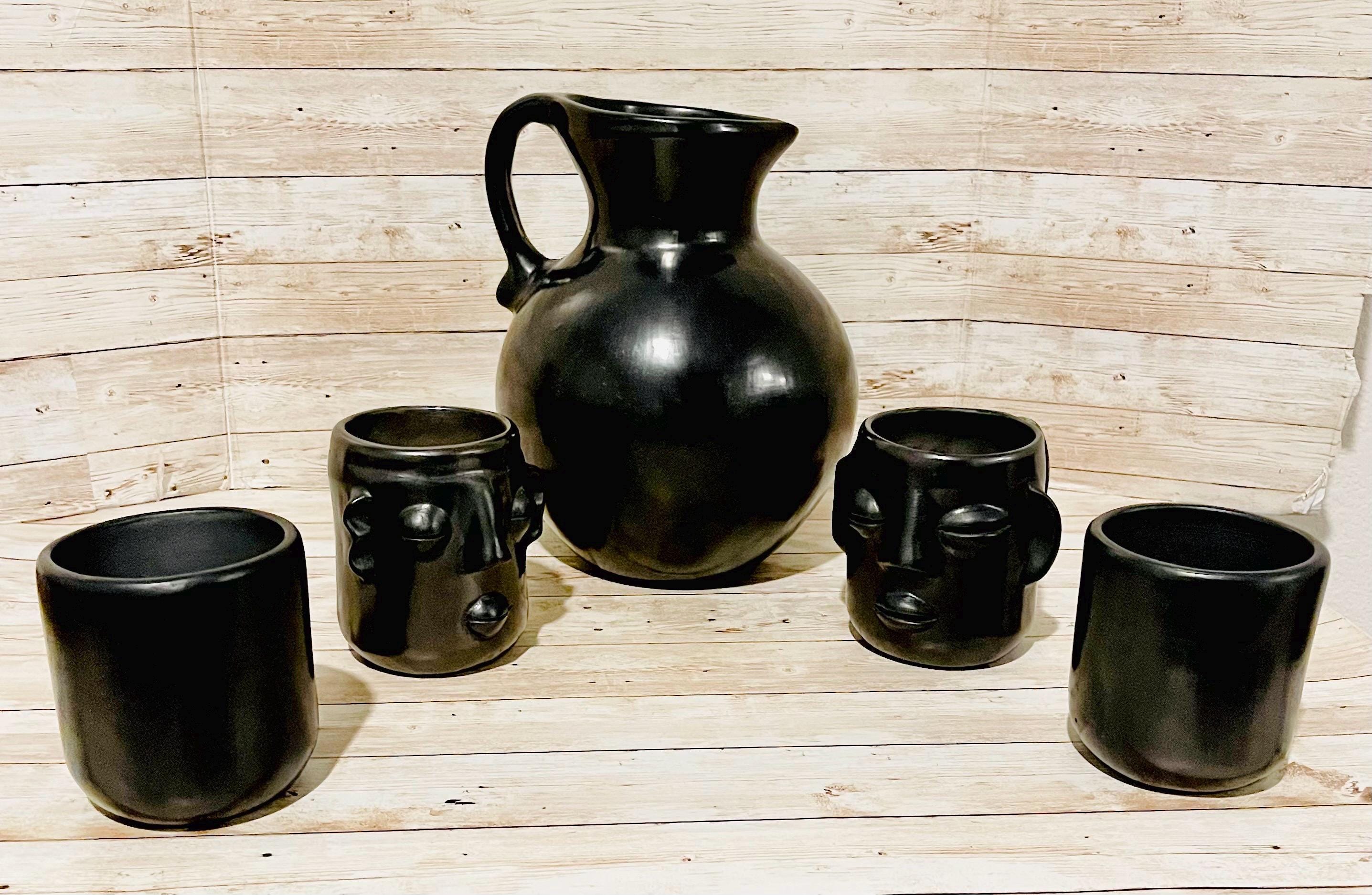 Black Oaxacan Mexican Clay Pottery Pitcher Set With 4 Cups Jarra