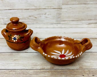 Mexican Terra Cota Salt Shaker and Casserole Handmade Barro Pottery Set Salero de Barro Mexicano y Cazuelita Artesanal