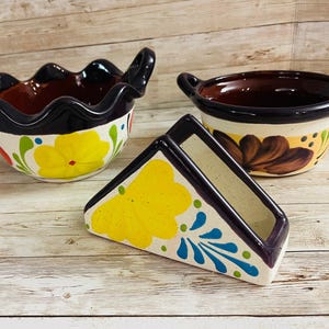 Terra Cota 3 Piece Mexican Set Napkin Holder Salsa & Dish Bowl Servilletero Tazon y Salsero de Barro