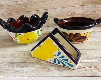 Terra Cota 3 Piece Mexican Set Napkin Holder Salsa & Dish Bowl Servilletero Tazon y Salsero de Barro