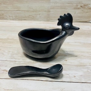 Black Oaxacan Mexican Clay Art Pottery Salsa Bowl with Spoon Salsero con Cuchara de Barro Negro Artesanal Hecho en Oaxaca