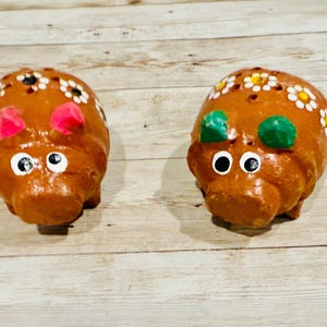 May include: Two ceramic pig-shaped salt and pepper shakers. The pigs are brown with white daisy-like flower accents and pink or green ears. They have large, round eyes and are set on a light wood-grain surface.