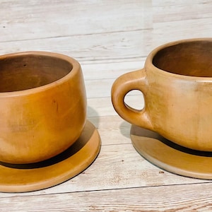 Brown Oaxacan Mexican Clay Cups Set with 2 Cups & 2 Plates 2 Tazas de Barro Cafe Artesanal de de Oaxaca Artesanales con 2 Platos