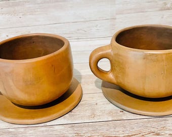 Brown Oaxacan Mexican Clay Cups Set With 2 Cups & 2 Plates 2 Tazas