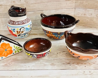 Terra Cota Napkin Holder, Salsa & Dish Bow, Molcajete Pitcher Set de Barro Lechera, Servilletero, Molcajete y 2 Platos