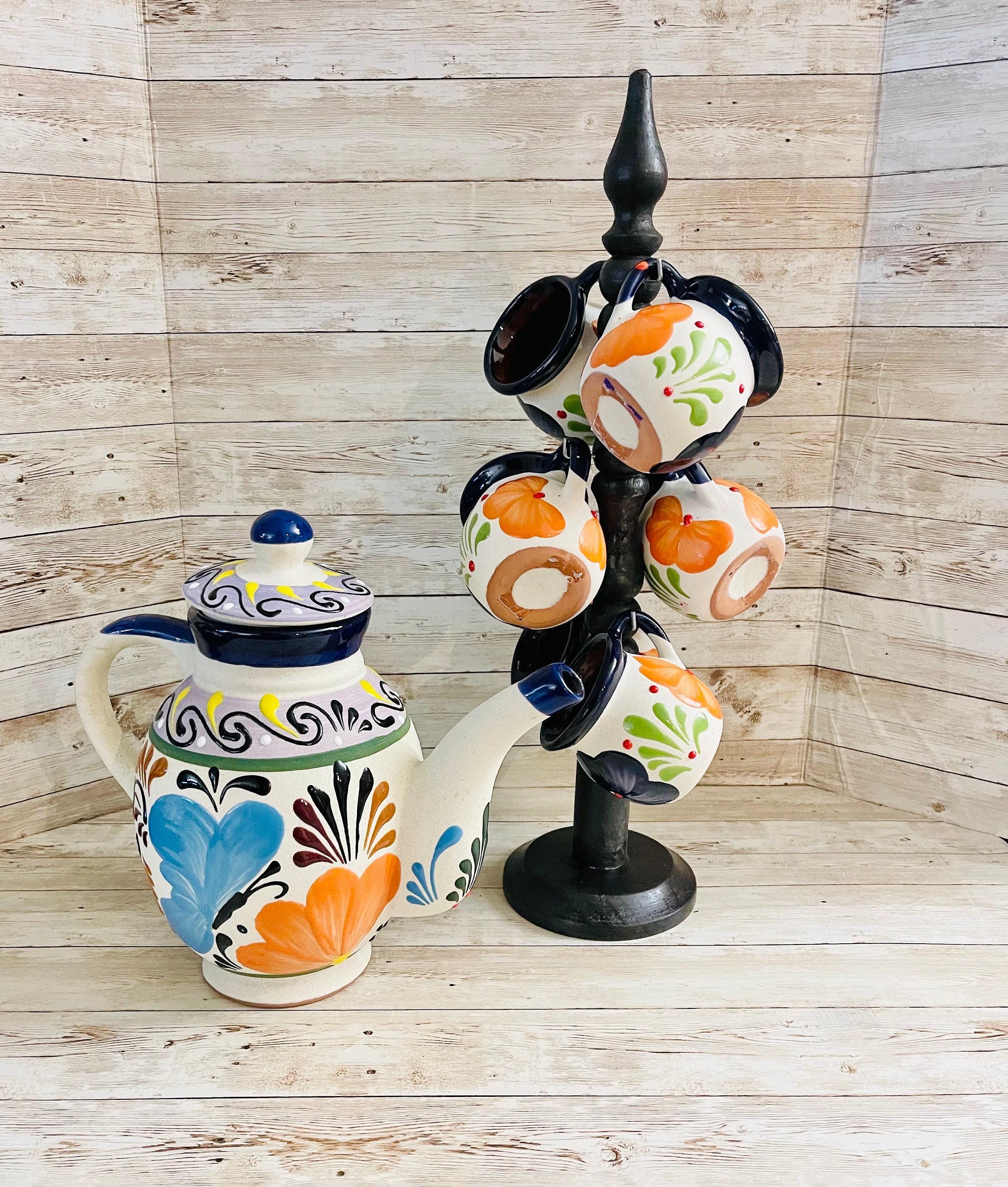 Terra Cotta Mexican Art Pottery Coffeetea Pot With 6 Mugs and Mug