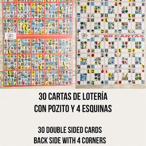 30 Double Sided Loteria Cards 4 Corners and Pozito Cartas de Lotería Reversibles con 4 Esquinas y Pozito