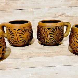 4X Mexican Artesanal Brown Clay Mexican Mugs Cups 4 Tazas Mexicanas Caladas de Barro Cafe de Oaxaca