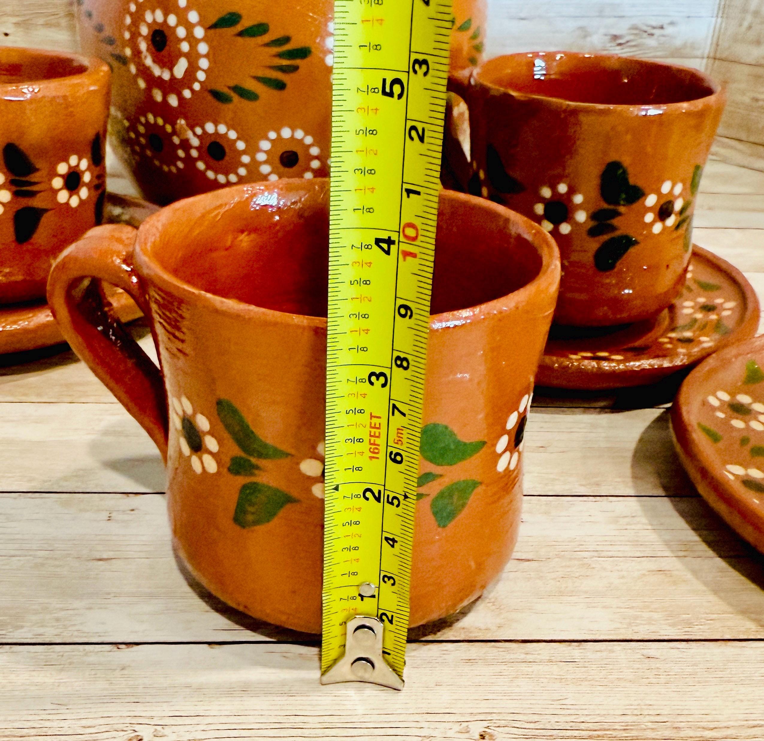 Terra Cotta Mexican Art Pottery Coffee Tea Pitcher Set With 4 Mugs