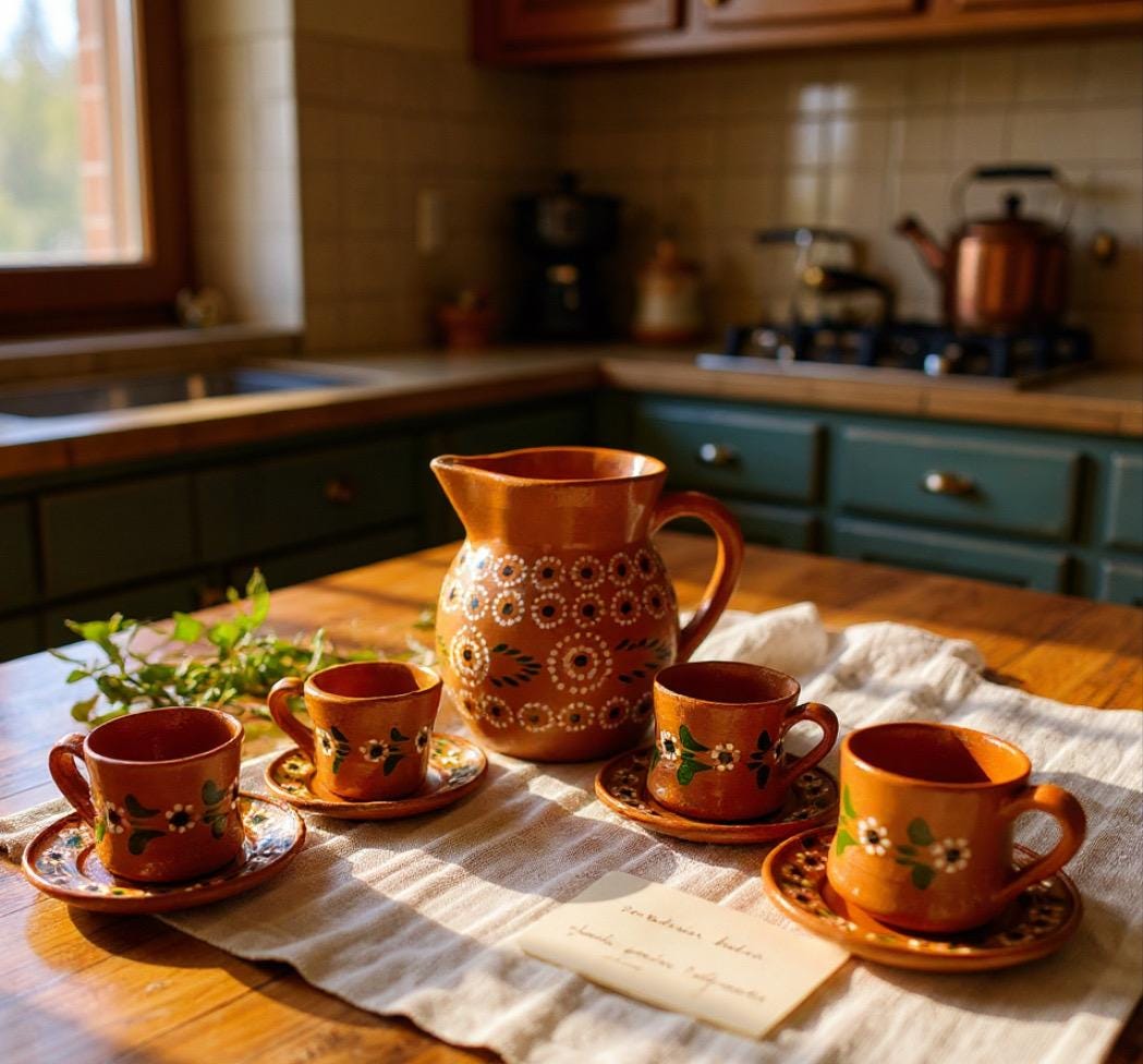 Bendigo Pottery コーヒー紅茶キャニスター、ピッチャー3点セット Terra Cotta Mexican Art Pottery Coffee Tea Pitcher Set With 4 Mugs