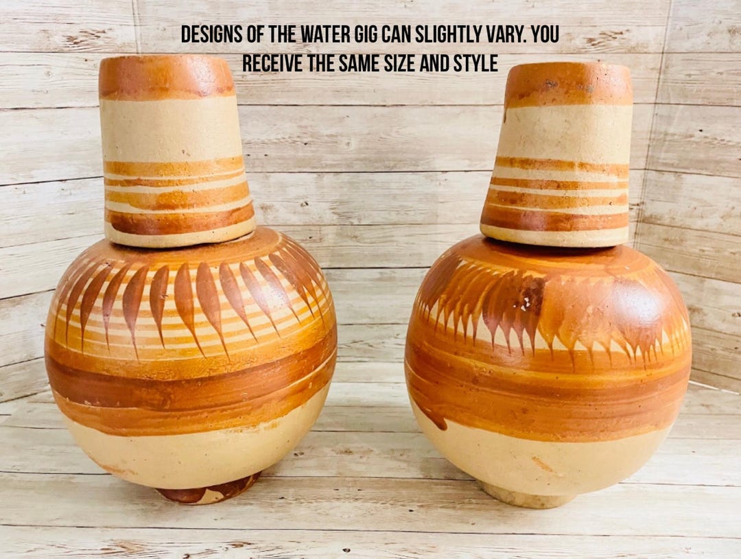 2x Mexican Clay Waterjug & Cup 2 Botellónes Garrafón De Barro Con