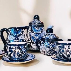 Mexican Talavera Tea Coffee Set Drinkware With 6  Mugs Sugar Bowl Talavera Mexicana de Cafe/Te con Tazas Platos Azucarera y Tetera