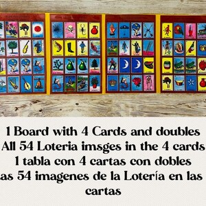 MEXICAN LOTERIA Boards 1 Board = 4 Cards Doubles in  Center 1 Tabla de 4 Cartas de Loteria Mexicana con Dobles Toda la Lotería en 4 Cartas
