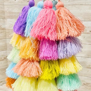 May include: A collection of colorful tassels in shades of purple, blue, pink, orange, yellow, and green. Each tassel is made of soft, fluffy yarn and is suspended from a matching cord. The tassels are arranged in a cascading pattern.