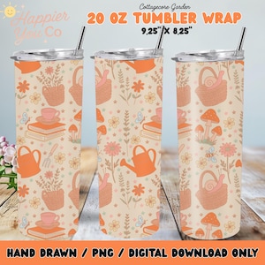 Papier d'emballage pour verre de 20 oz – Cottagecore Garden Aesthetic avec champignons, livres et fleurs