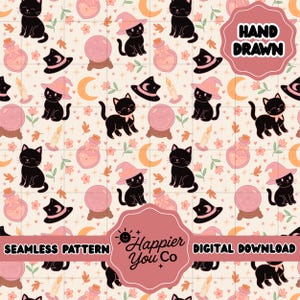 Black Cat Halloween Seamless Pattern, Witch Digital Paper, Halloween Seamless Repeat Pattern, Cute Cats, Commercial Use, Repeat Pattern